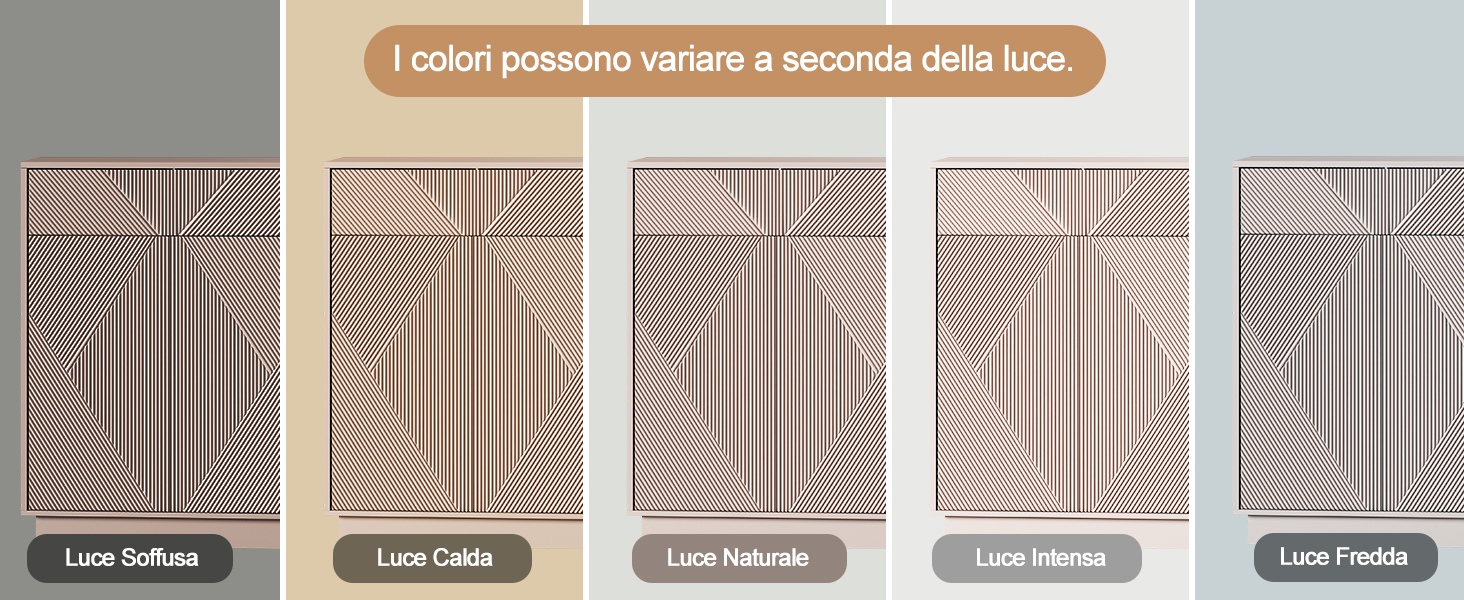 Il testo recita: 'I colori possono variare a seconda della luce'. Cinque pannelli verticali a coste nei toni del beige/marrone chiaro etichettati «Light Griffins», «Light Caramel», «Light Terracotta», «Light Coconut», «Light Pumice» che mostrano esempi di variazioni di colore.
