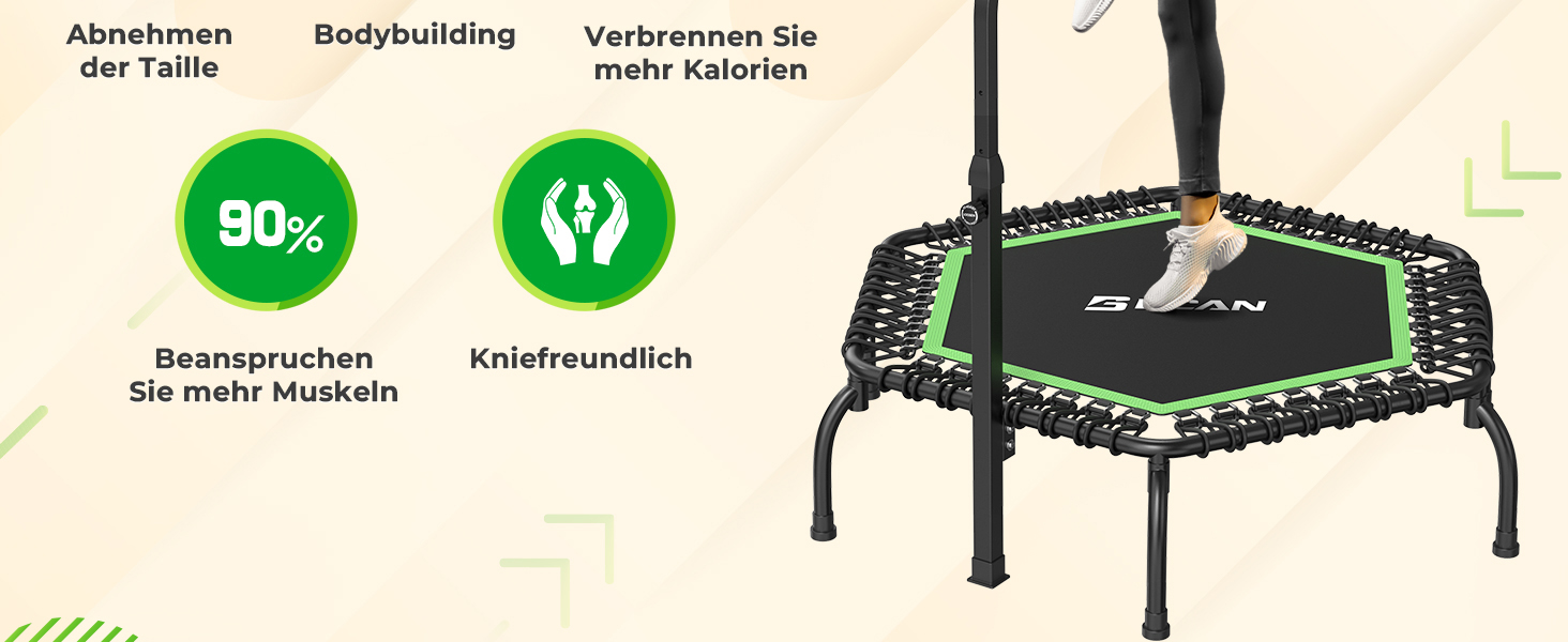 Der Text lautet „Kinderfreundlich“ und „90%“. Das Diagramm zeigt schwarze Trampolinkomponenten mit grünen Sicherheitsmerkmalen und Schutzelementen.