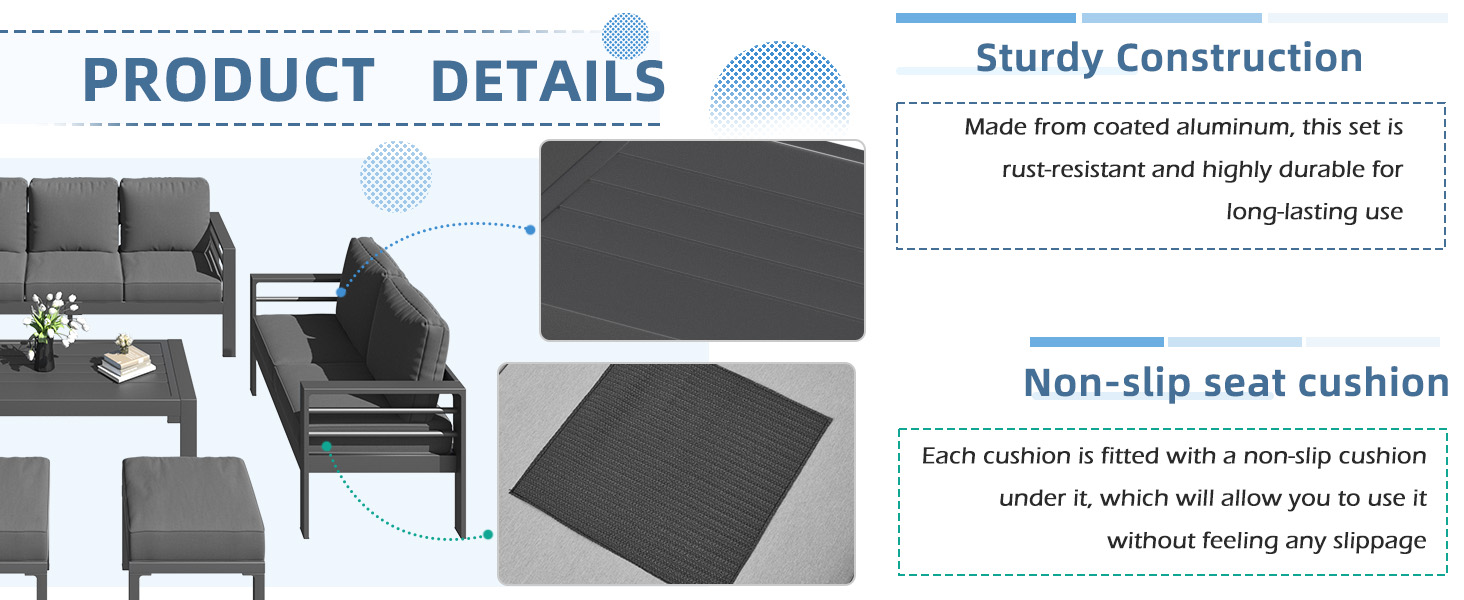 Text reads 'PRODUCT DETAILS' and 'Sturdy Construction'. Product specification diagram showing outdoor furniture features, including cushion and frame details with technical illustrations.