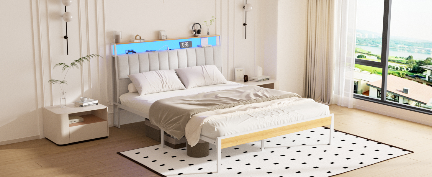 Série de photos intérieures montrant des espaces de chambre blancs minimalistes dotés de grandes fenêtres, dotés de meubles modernes et de tapis à motifs géométriques.