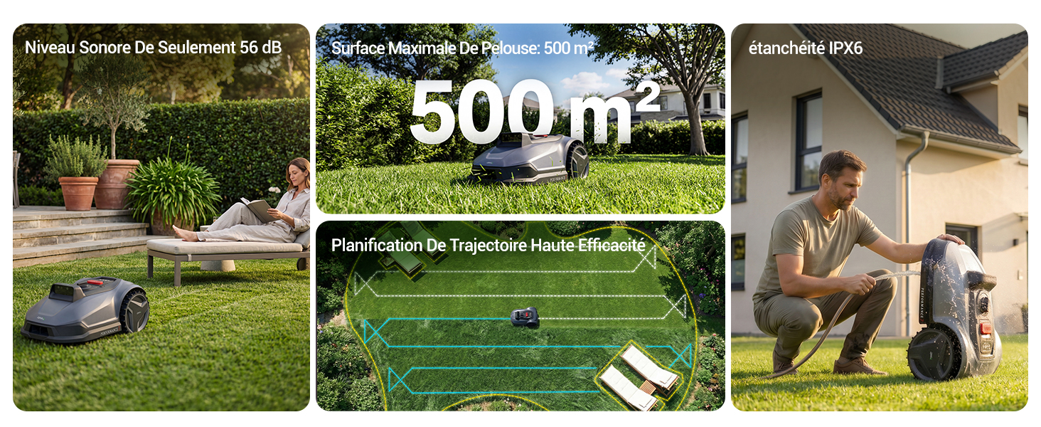 Le texte indique « 500 m² ». Imagerie composite d'entretien des pelouses montrant les espaces de jardin, l'équipement et la personne utilisant l'appareil sur le gazon, promouvant les capacités de couverture des produits ou services d'entretien des pelouses.