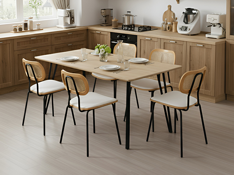 Serie von Essmöbelarrangements, die einen Holztisch mit cremefarbenen Stühlen in verschiedenen Konfigurationen vor braunen Schränken zeigen.