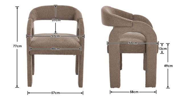 Schéma technique montrant les vues de face et de côté d'une chaise de salle à manger à dossier incurvé de couleur taupe, avec des mesures indiquées pour la hauteur et la largeur.