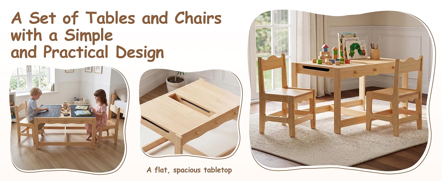 Text reads 'Tables, Stools and Chairs with a Simple and Practical Design'. Three wooden furniture pieces shown: woven side table, simple stool, and round table with natural wood finish.