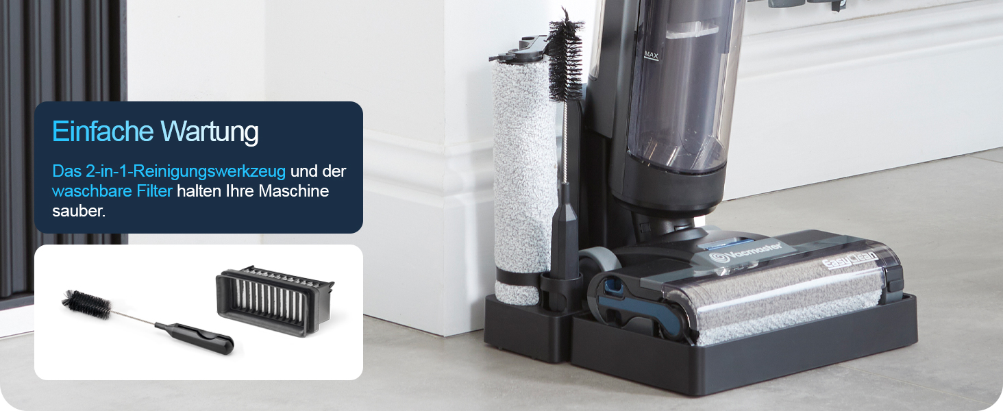 Der Text lautet „Einfache Wartung“, „Die 2-in-1-Absaugvorrichtung ist UDT der Staubsaugerbürste, um die Maschine sauber zu halten“. Schwarz-blaues Hartbodenreinigungsgerät mit eingelegtem Zubehör, von der Seite auf weißer Oberfläche dargestellt.