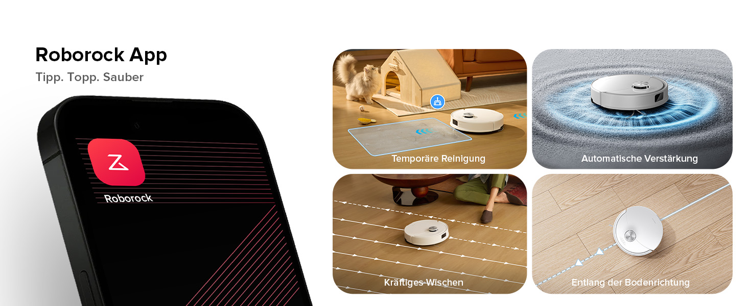 Die Roborock-App-Oberfläche mit Logo sowie vier Bildern, die die Funktionen des Roboterstaubsaugers zeigen: Reinigen von Tierhaaren, Wischen, Vermeiden von Hindernissen und Kantenreinigung