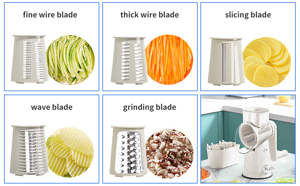 avec lames interchangeables pour le fil fin, le fil épais, le tranchage, l'ondulation et le broyage. Comprend des images de légumes transformés illustrant le fonctionnement de chaque lame.