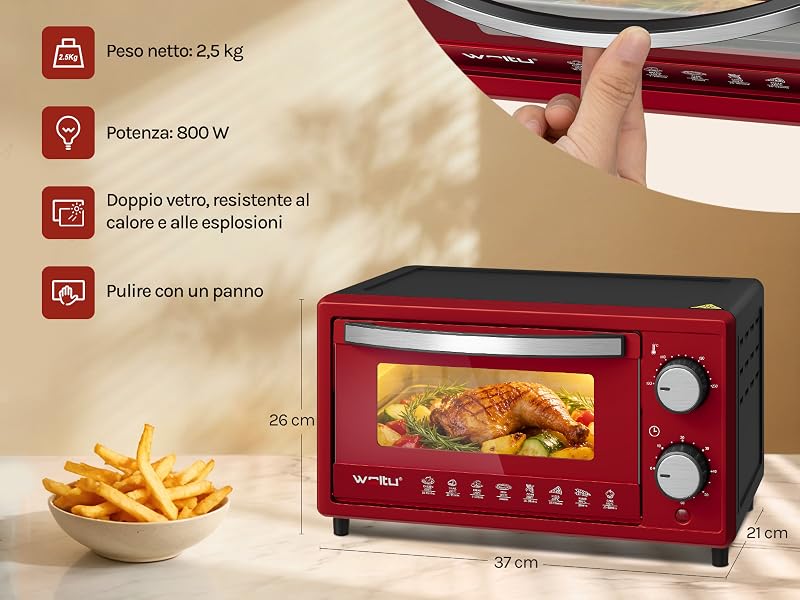 Il testo mostra le specifiche: 'Capacida 30 L', 'Dimensiones compactas', 'Peso netto: 2,5 kg', 'Potenza 800 W'. Mini forno rosso con porta in vetro e manopole di comando che visualizzano varie funzioni di cottura.