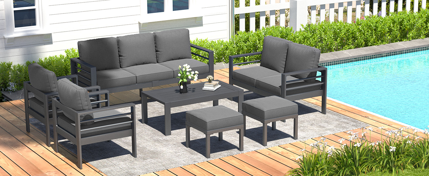 Multiple views of modern outdoor patio furniture set with dark frames and grey cushions, including sofa and chairs, displayed on wooden deck beside pool and greenery.