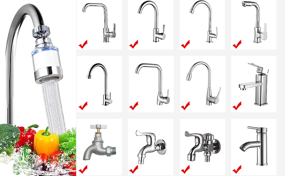 Collage of faucet styles including kitchen and bathroom taps. Main image shows water-saving faucet attachment spraying water over vegetables. Various faucet designs with checkmarks indicating selection options.