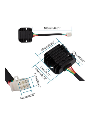 Black electronic component with wires and dimensional measurements. Diagram shows length, width, and connector details.