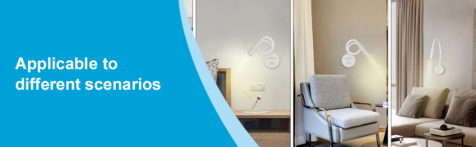 Text reads 'Applicable to different scenarios'. Three wall-mounted reading lamps shown in different room settings including beside an armchair and near a bed.