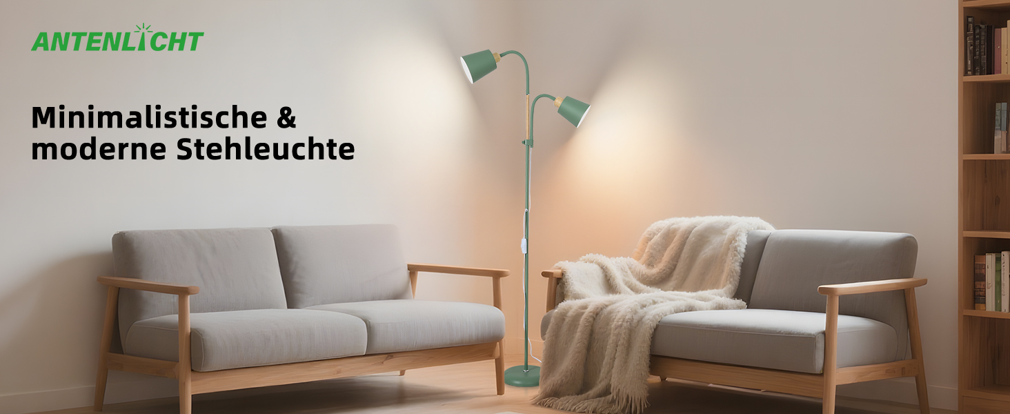 Der Text lautet: 'MinimalistKüche &amp; moderne Stahlküche'. Innenfoto, das ein graues modernes Sofa mit Tischlampe im modernen Wohnraum zeigt.