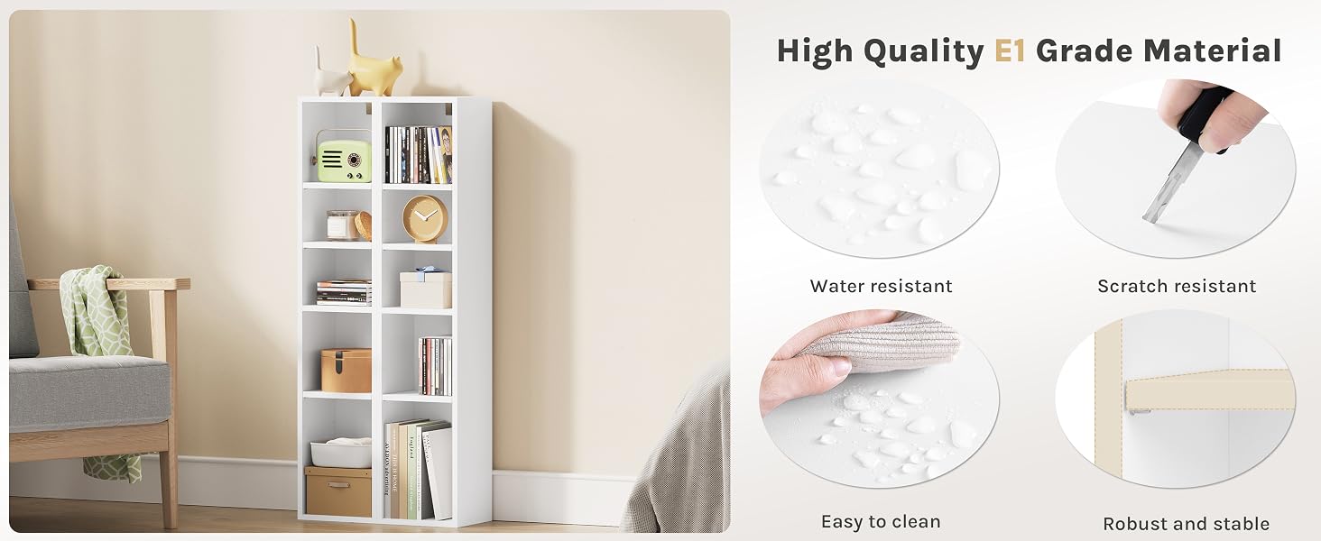 Text reads 'High Quality | Grade Material'. Composite showing white shelving unit with books and decorative items, plus four product detail icons indicating quality materials and features.