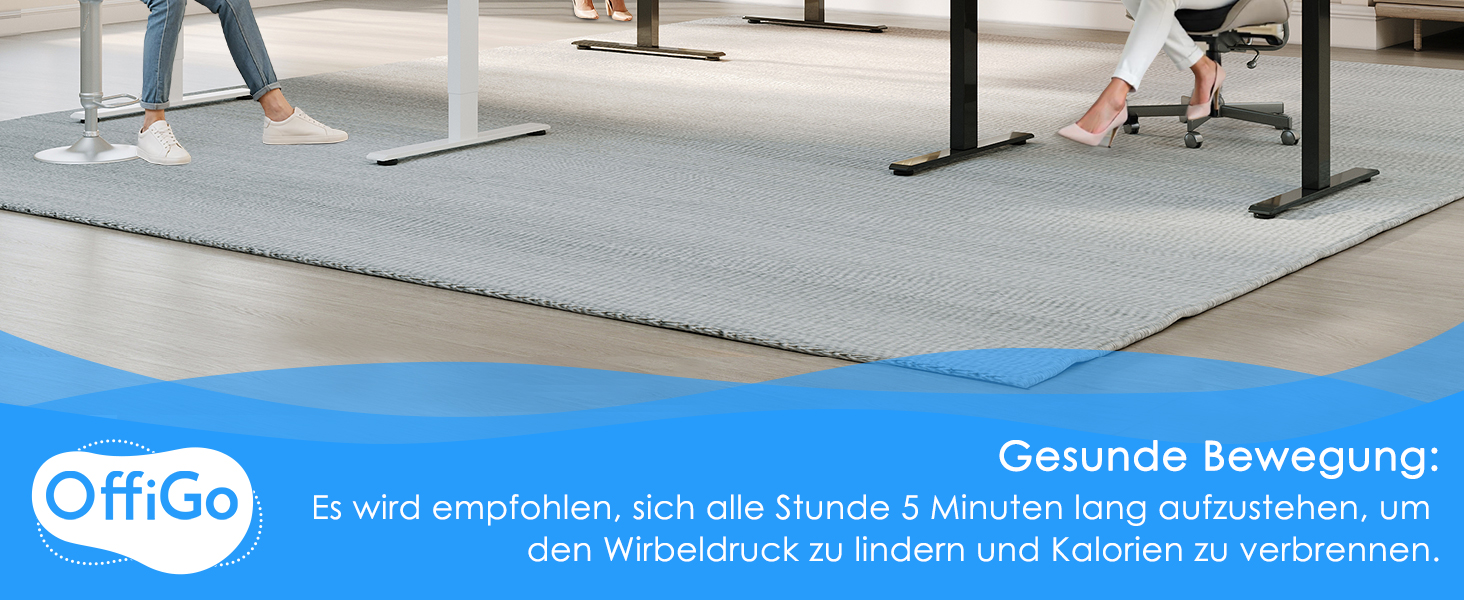 Der Text lautet „OffIgo“ und „Gesunde Bewegung!“. Bilderserie, die graue Gymnastik- oder Yogamatten zeigt, die auf dem Boden liegen und wie ein Büro aussehen.