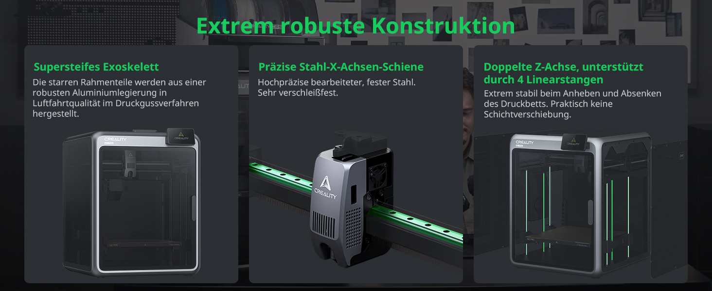Der Text lautet: 'Extrem-robuste Konstruktion'. Technisches Diagramm mit Konstruktionsdetails eines scheinbar industriellen oder mechanischen Systems mit grünem Text und Grafiken.