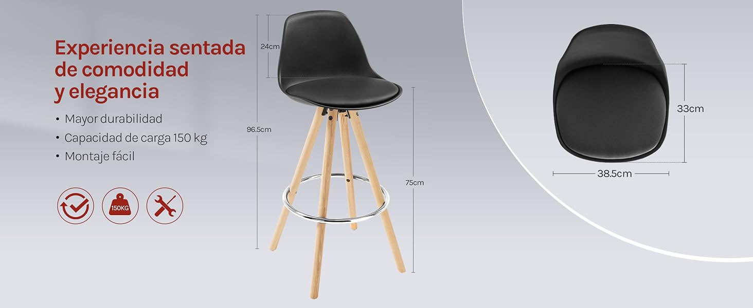 con asiento negro y patas de madera. Las características incluyen un diseño ergonómico, un fácil montaje y dimensiones especificadas. La imagen muestra las vistas frontal y lateral con detalles de medición.