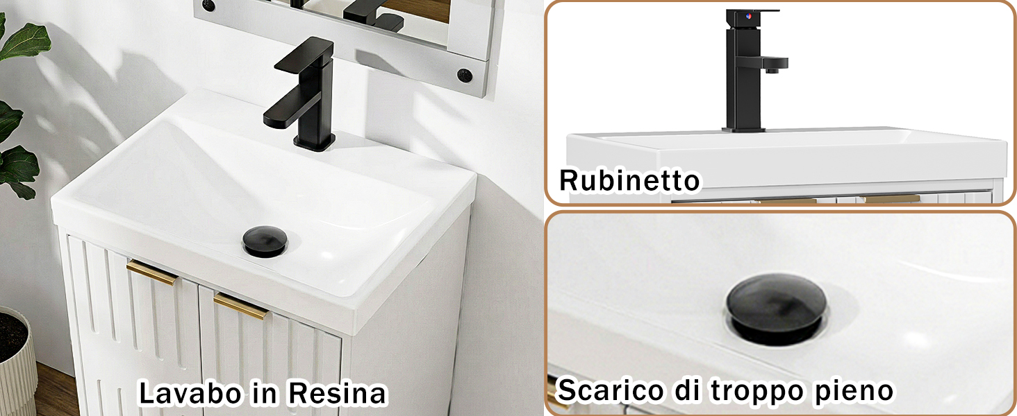 Il testo recita: 'Lavabo in Resina', 'Rubinetto', 'Scarico di troppo pieno'. Lavabo da bagno in resina bianca con rubinetto nero opaco e scarico a troppopieno, mostrato in tre viste di dettaglio.