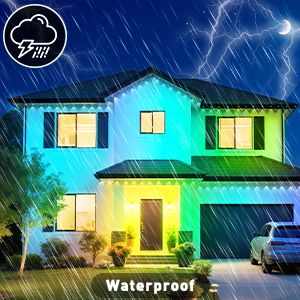 Der Text lautet „Wasserdicht“. Nachtszene eines beleuchteten Hauses mit blau getönter Beleuchtung und Demonstration des Regenschutzes.