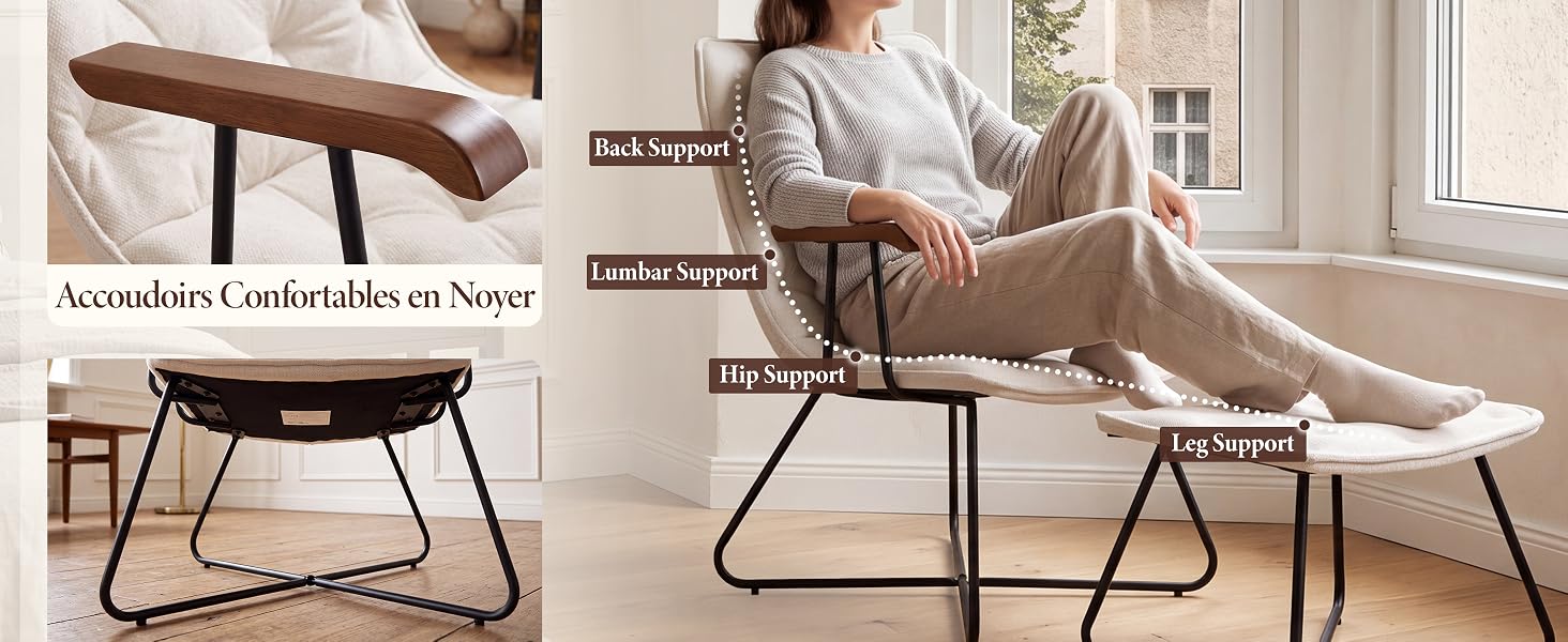 Le texte indique « Un tabouret confortable et confortable » et « LOXLEY ». Composite représentant une chaise moderne avec assise incurvée, pieds à structure en métal et repose-pieds assorti en revêtement beige. Les angles multiples offrent un confort d'assise et un design contemporain.