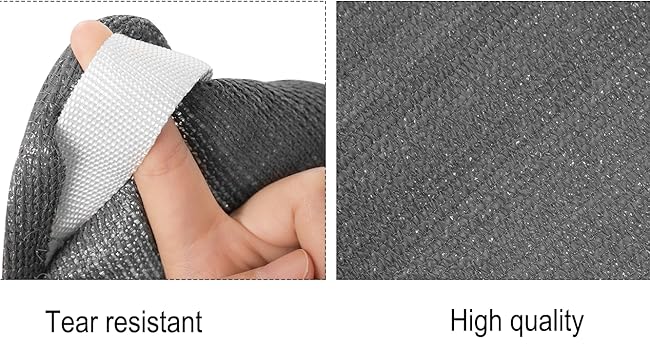 Four-panel image showcasing features of a gray fabric: stainless steel attachments, neat seams, tear-resistant material, and high-quality construction.