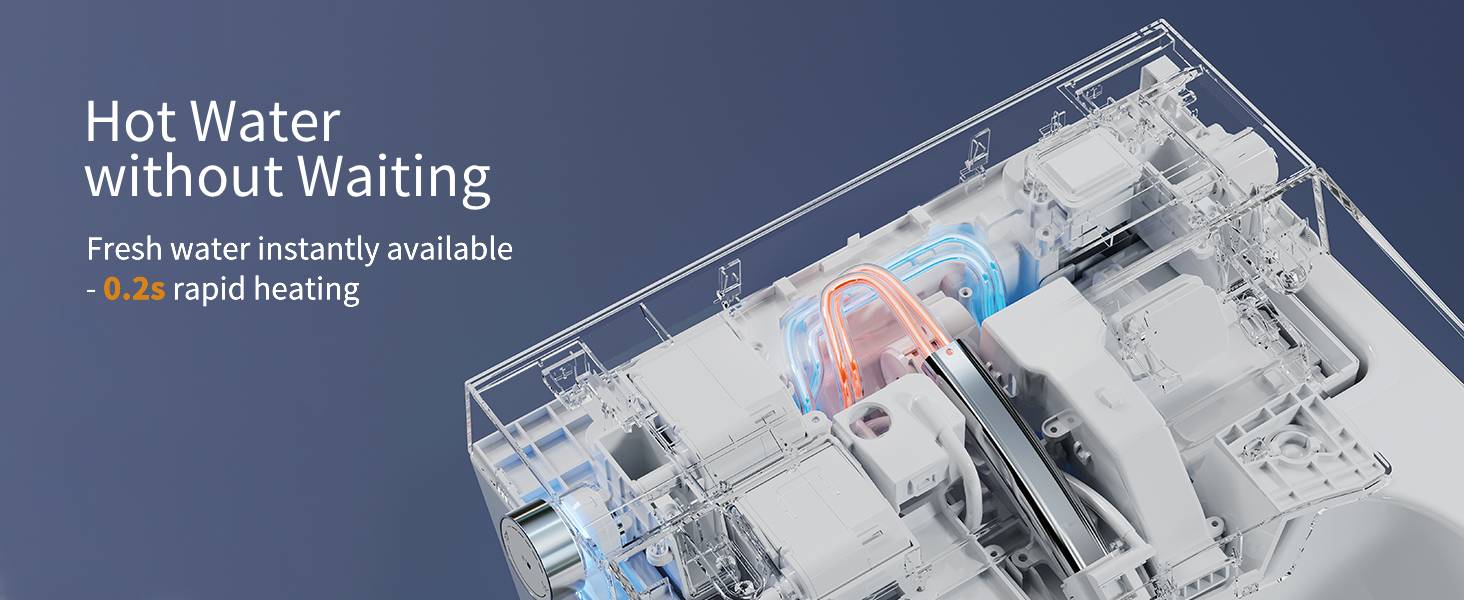 Text reads 'Hot Water with Heating' and 'Fresh water instantly available with rapid heating'. Isometric diagram of appliance internal components showing water heating system with blue pipes and mechanical parts.