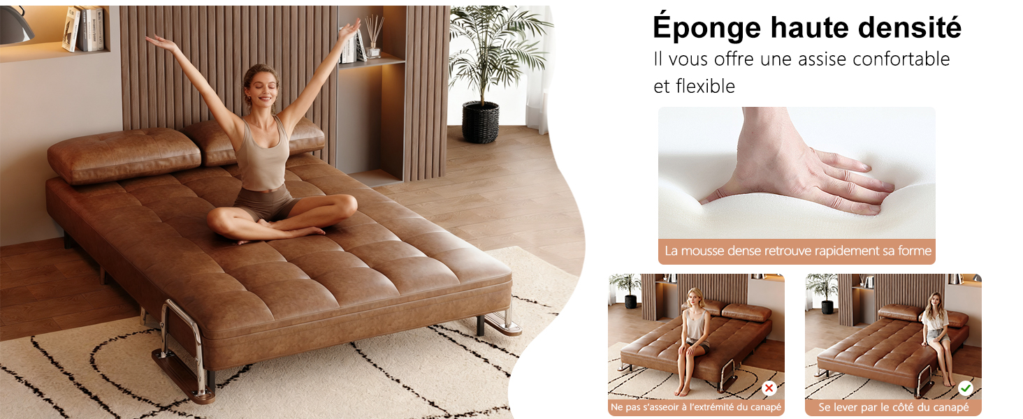 Le texte indique « Éponge haute densité ». Plusieurs images illustrant l'utilisation et la compression d'une mousse à haute densité ou d'un matériau éponge sur des meubles.