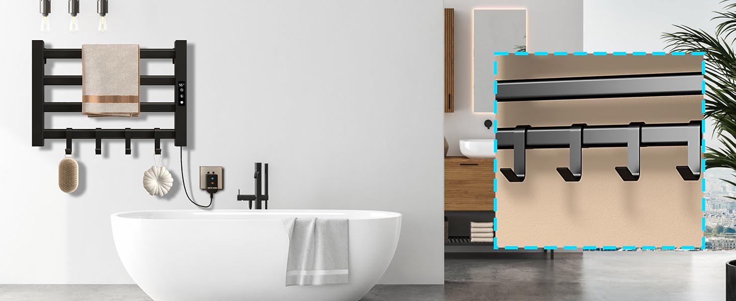 Für das Badezimmer. Mit horizontalen Stangen zum Aufhängen von Handtüchern und einem schlanken, modernen Design.