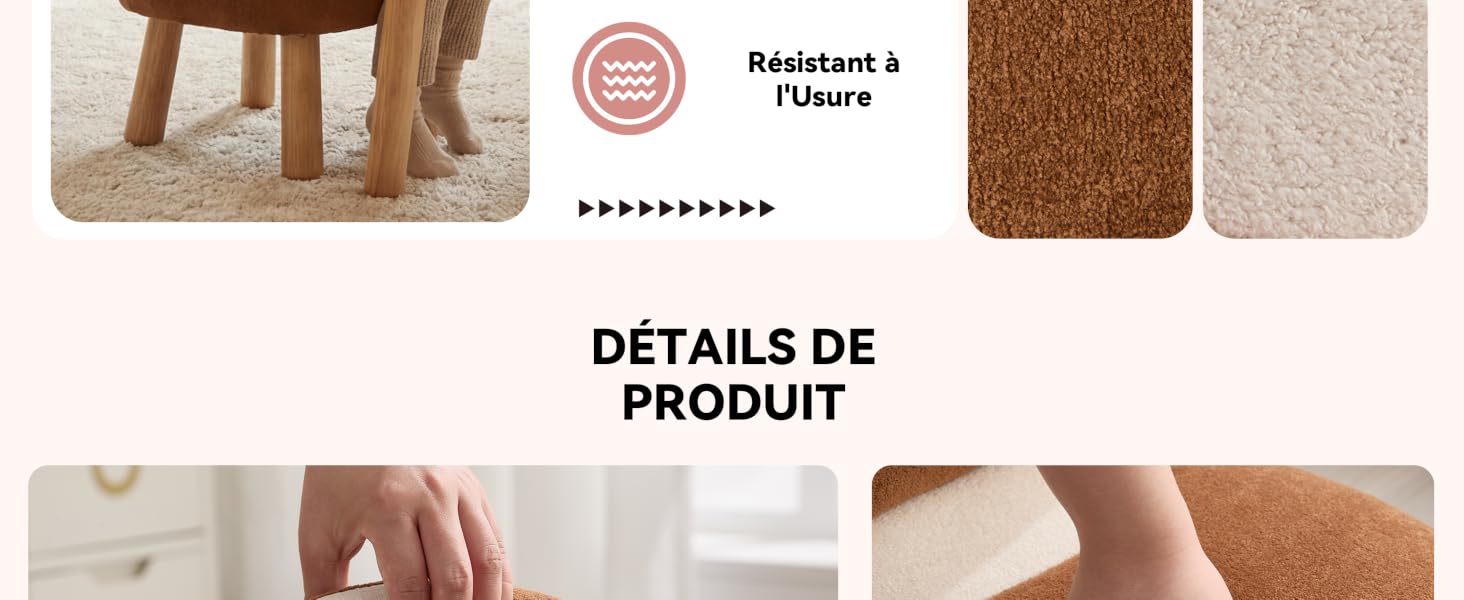 Le texte indique « DÉTAILS DU PRODUIT ». Images rapprochées de tapis texturés beiges et bruns ou d'échantillons de tapis avec détails en fibres visibles.