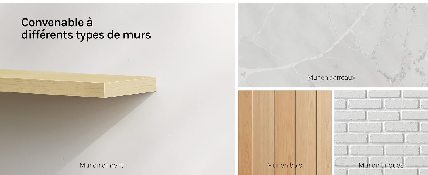 Le texte se lit comme suit : « Convenable à différents types de murs ». Affichage des options de montage mural montrant différents types de surfaces, y compris les panneaux en brique et en bois.