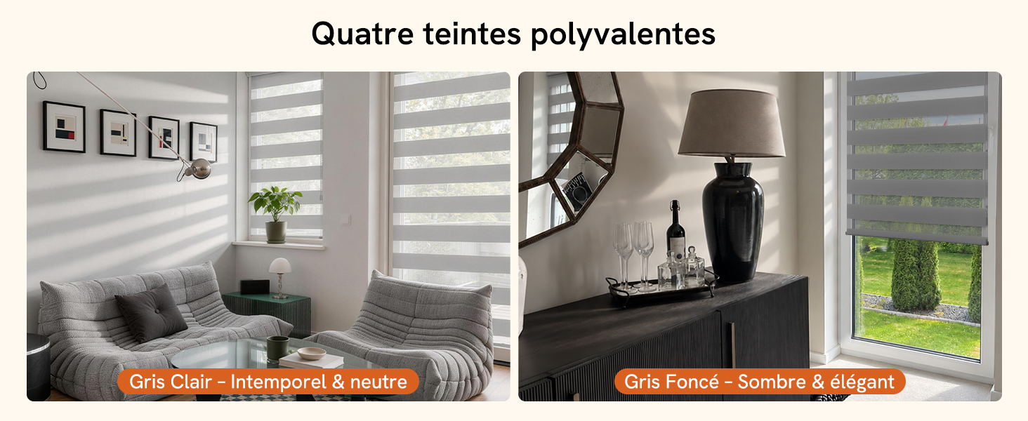 Le texte se lit comme suit : « Quatre teintes polyvalentes ». Grille montrant quatre scènes de design d'intérieur avec différentes combinaisons de couleurs et styles de décoration dans des tons neutres.