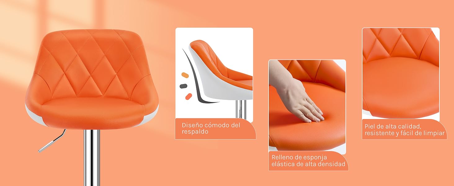 de piel naranja con respaldo acolchado, base cromada. Varios paneles muestran los detalles del cojín, el ajuste de altura y la función de giro de 360 grados