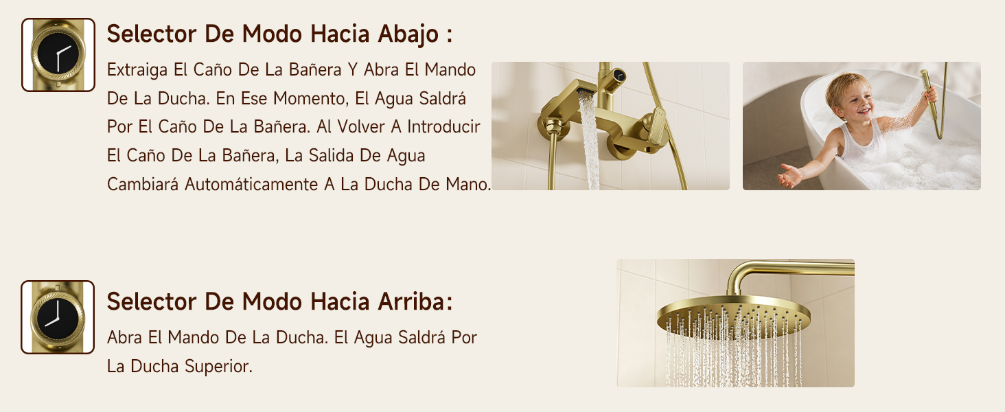 El texto dice «Selector De Moda Hacia Atrás» y «Selector De Moda Hacia Arriba» con detalles del producto en español. Las imágenes muestran lámparas de techo y lámparas colgantes doradas en ambientes interiores modernos.