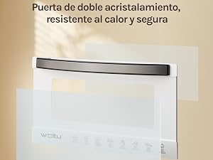 El texto dice «Puerta de doble acristalamiento, resistente al calor y segura». Muestra un marco de puerta blanco o una instalación de panel en una pared de color beige.
