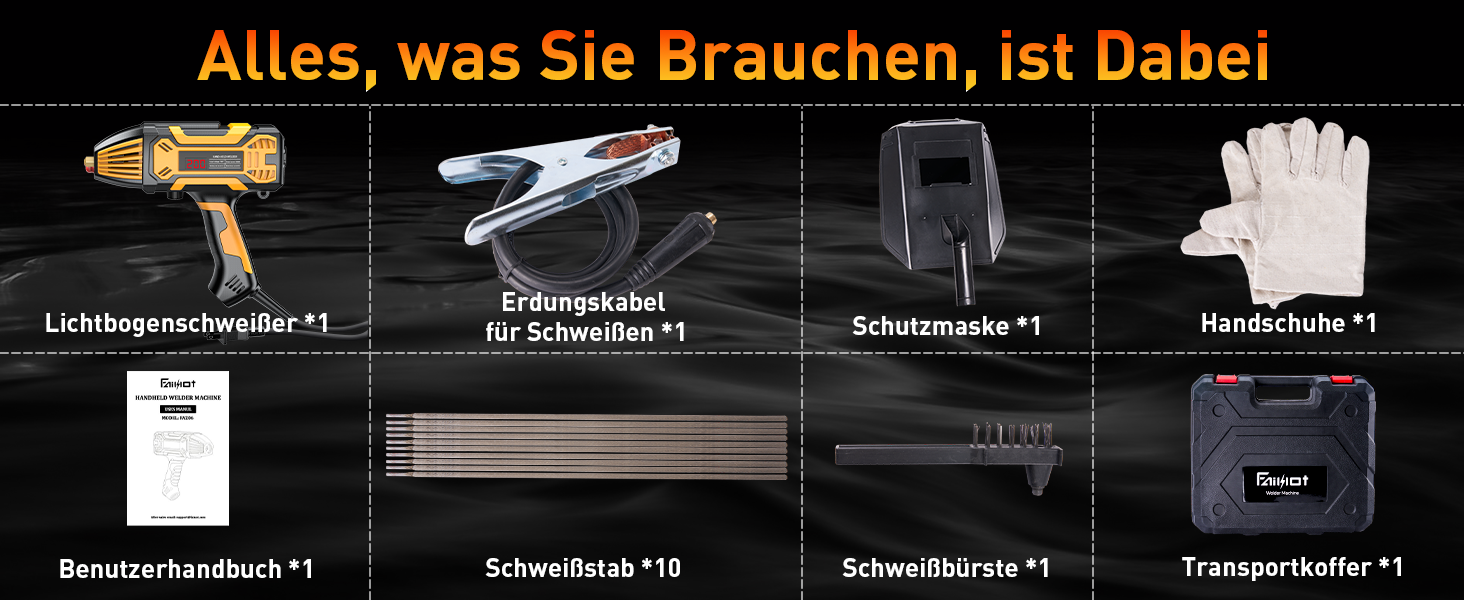 Schweißgeräte-Set bestehend aus Schweißbrenner, Bodenklemme, Maske, Handschuhen, Handbuch, Schweißdrähten, Drahtbürste und Tragetasche. Text auf Deutsch listet Artikel auf.