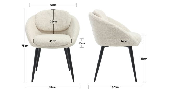 Technical product dimensions diagram of an accent chair showing measurements from multiple angles, including height, width, and depth specifications.
