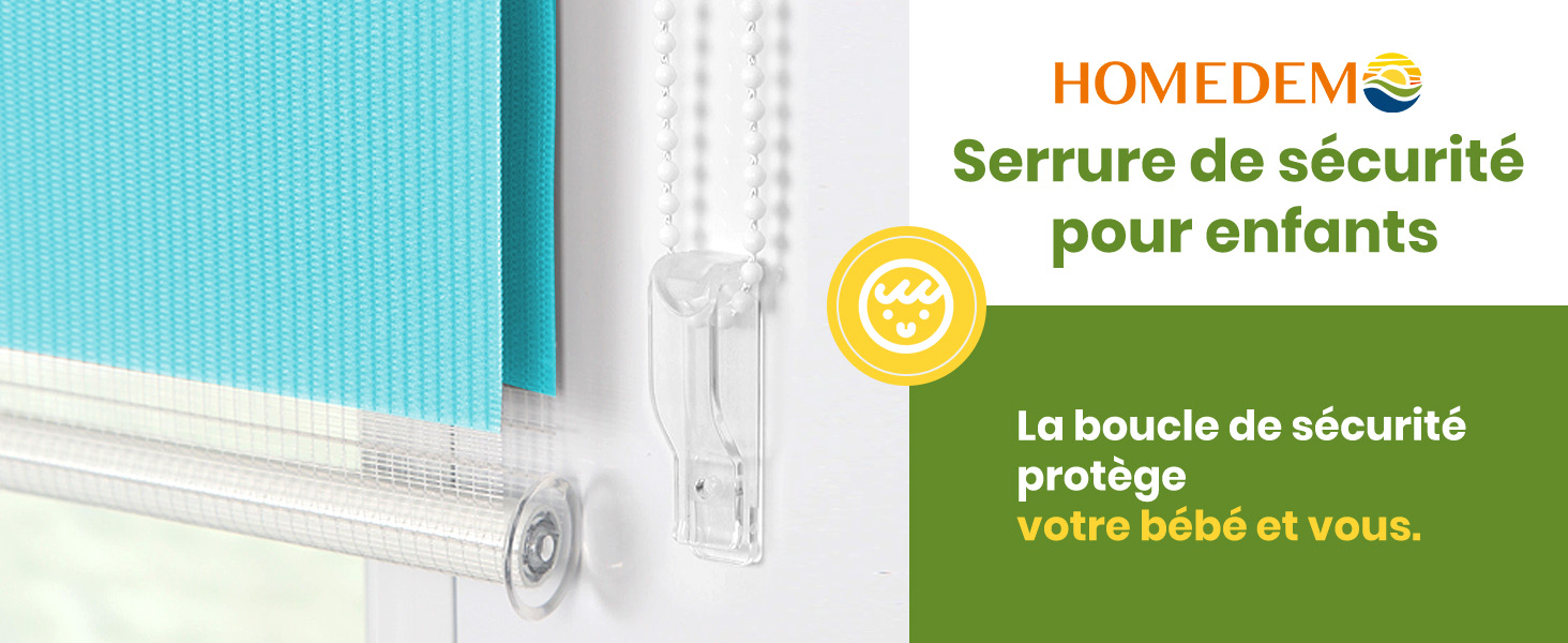 Le texte se lit comme suit : « HOMEDEN », « Serrure de sécurité » et « pour enfants ». Bannière d'information sur la sécurité des produits avec palette de couleurs bleue et verte.