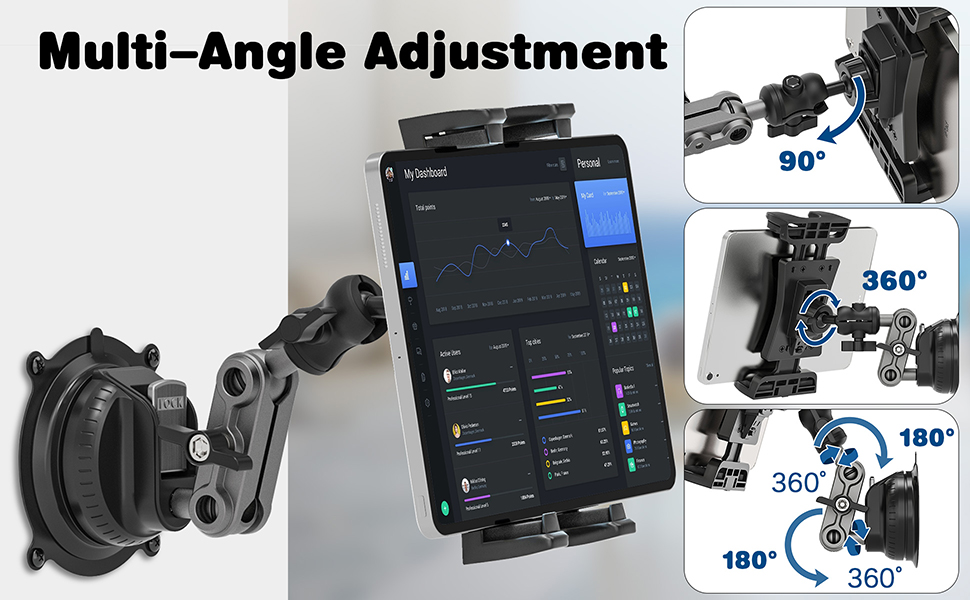 Supporto per tablet regolabile multi-angolo che offre capacità di rotazione di 360 gradi con diagrammi di posizione multipli che illustrano un intervallo di movimento da 90 a