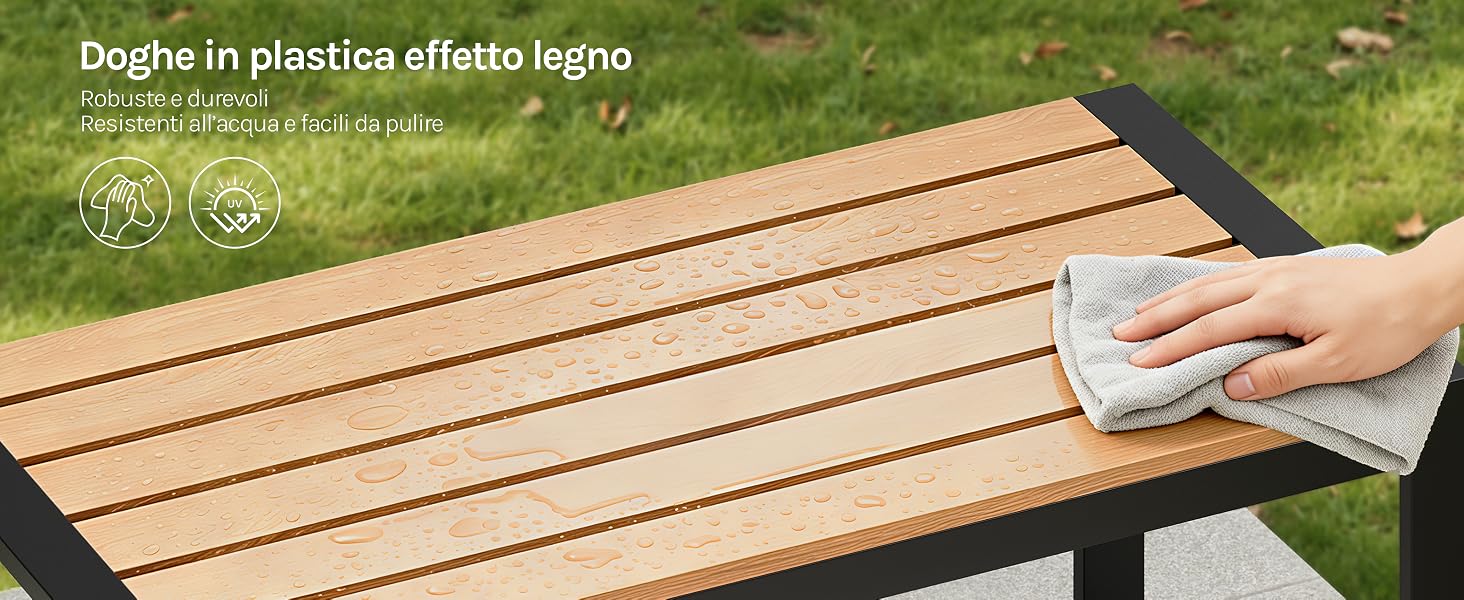Il testo recita «Doppio in plastica effetto legno». Superficie del tavolo in plastica con struttura in legno con prodotto o trattamento applicato a mano.