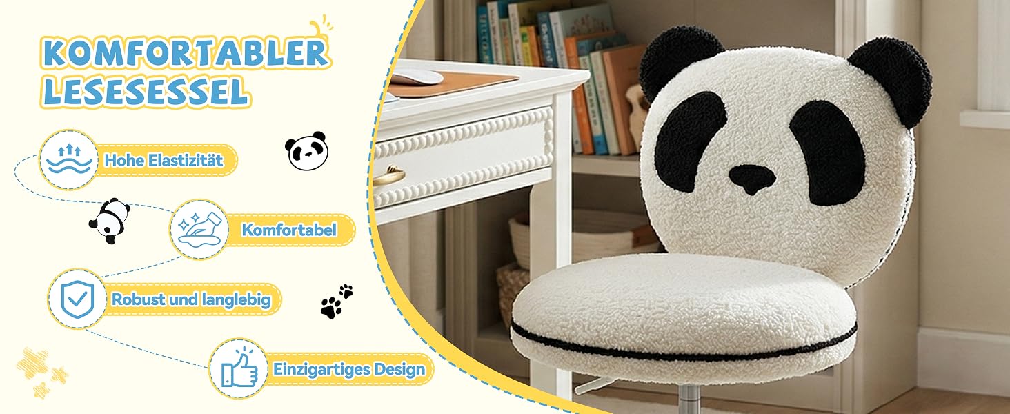 Der Text lautet „KOMFORTABLER LESESESSEL“ mit Symbolen und Prüfzeichen. Rundes Sitzkissen im Panda-Stil in Schwarz und Weiß auf einem Holzstuhl neben einem Bücherregal mit Dekorationsgegenständen.