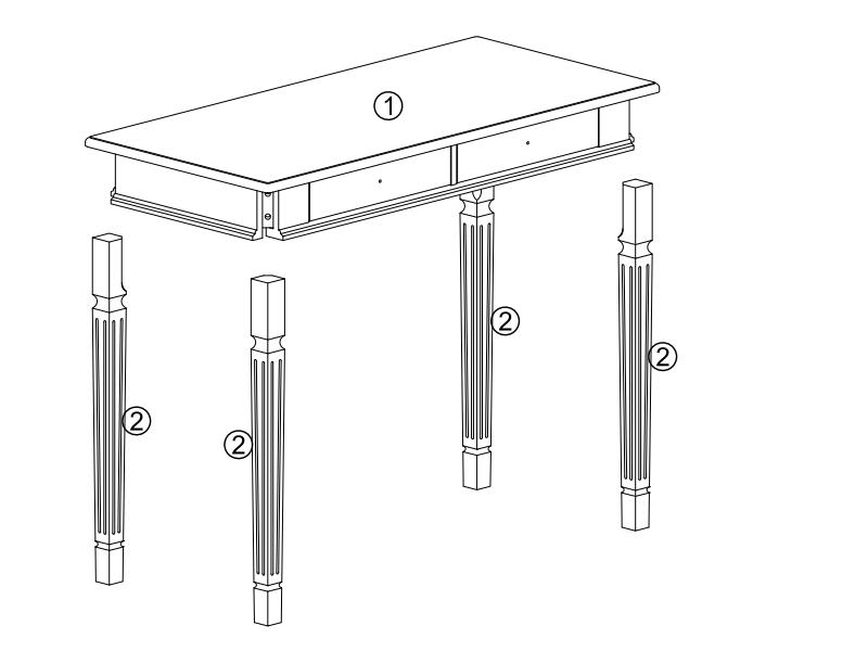 Schéma de montage d'une table rectangulaire. Montre un plateau avec tiroirs et quatre pieds amovibles avec cannelures décoratives. Les chiffres indiquent l'ordre de montage.
