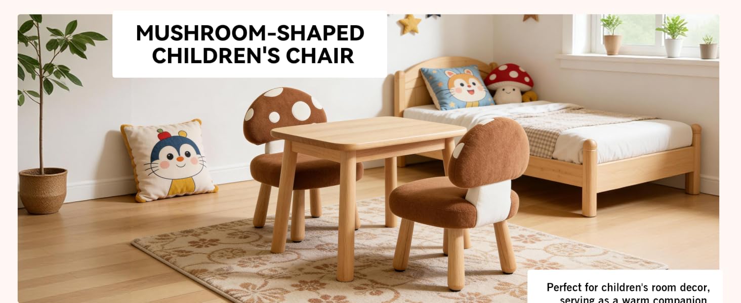 Text reads 'MUSHROOM-SHAPED CHILDREN'S CHAIR'. Wooden children's chair with mushroom-themed design featuring brown cap-like seat and white stem-like base in a bedroom setting.