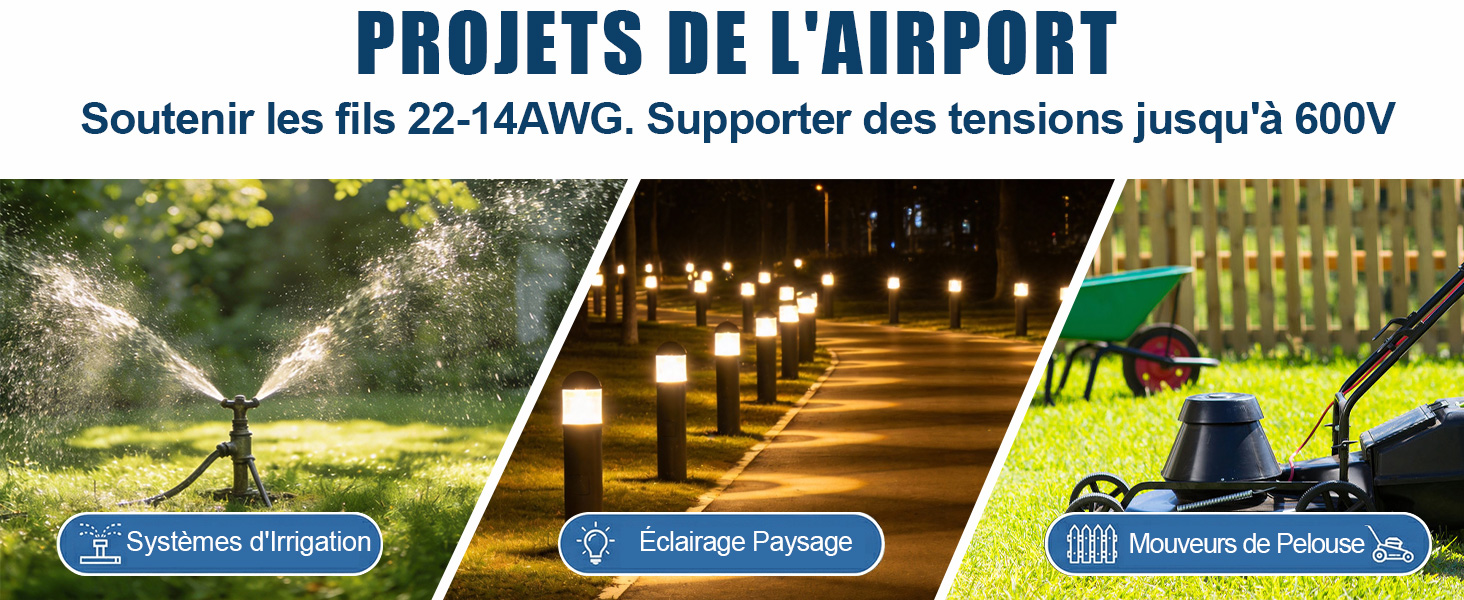 Le texte se lit comme suit : « PROJETS DE L'AMPOULE ». Image à panneaux multiples montrant des installations d'éclairage paysager à LED extérieures éclairant les allées du jardin et les éléments architecturaux la nuit.
