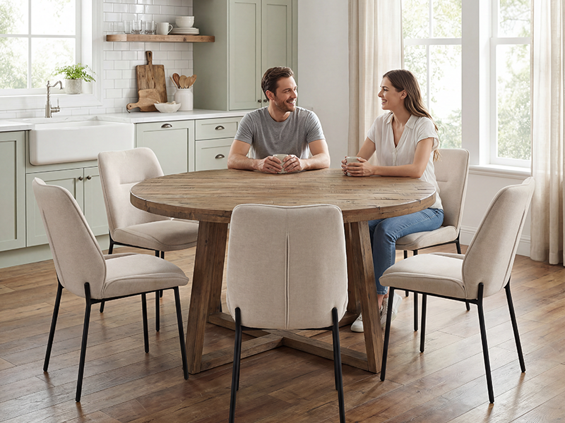 Round wooden dining table with natural finish surrounded by four upholstered chairs with cream-colored fabric and dark legs, positioned in bright kitchen with white cabinetry.
