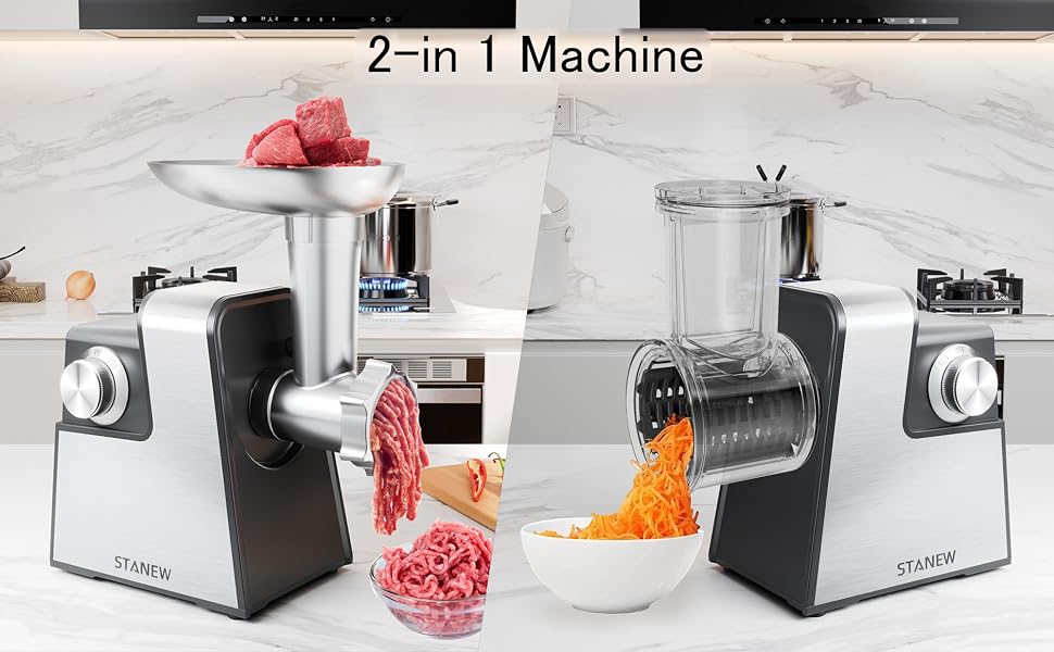 Le texte indique « Machine 2 en 1 ». Montre un hachoir à viande ou un robot culinaire en acier inoxydable avec deux compartiments et des composants pour la transformation de différents aliments.
