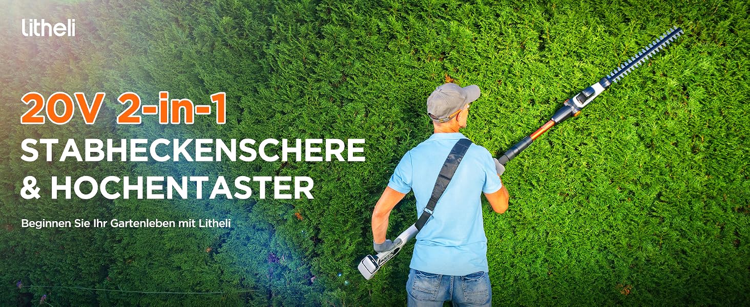 Ein Mann schneidet eine Hecke mit einem Rasenmäher