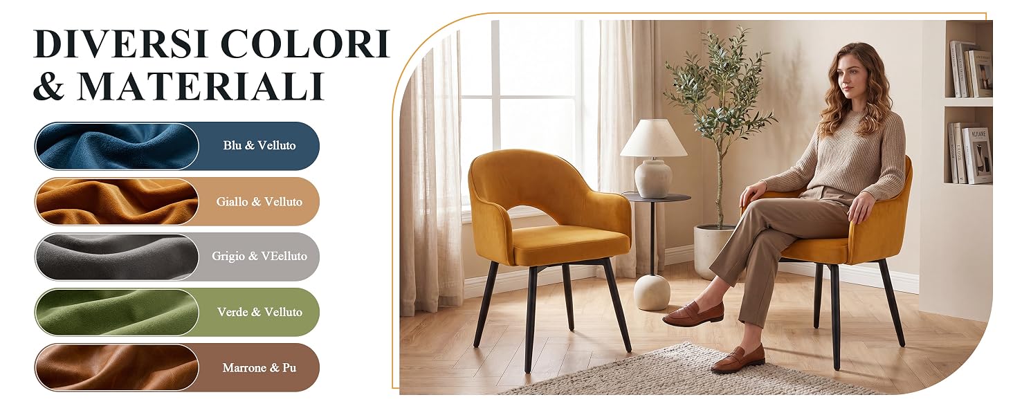 Il testo recita 'DIVERSI COLORI &amp; MATERIALI'. Immagine divisa che mostra campioni di colore/materiale (opzioni in pelle marrone, nero, grigio, bordeaux) a sinistra e una donna seduta su una poltrona imbottita marrone chiaro con gambe in legno sul lato destro.