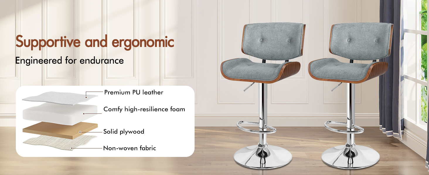 Text reads 'Supportive and ergonomic.' Diagram showing layers of chair construction including foam and fabric components.