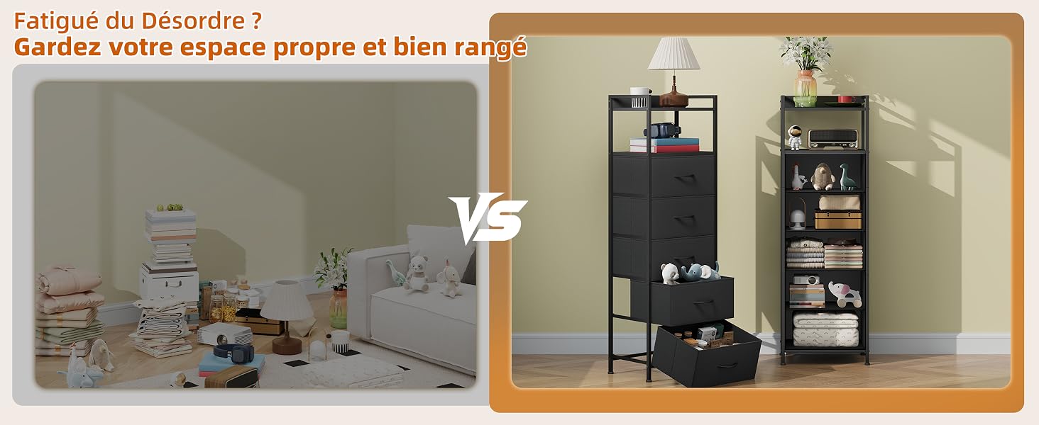 Le texte dit « Fatigué du Désordre ? Gardez votre espace propre et bien rangé' (Vous en avez assez du désordre ? Gardez votre espace propre et organisé). Comparaison avant/après montrant une salle de bain encombrée par rapport à une unité de rangement noire organisée.