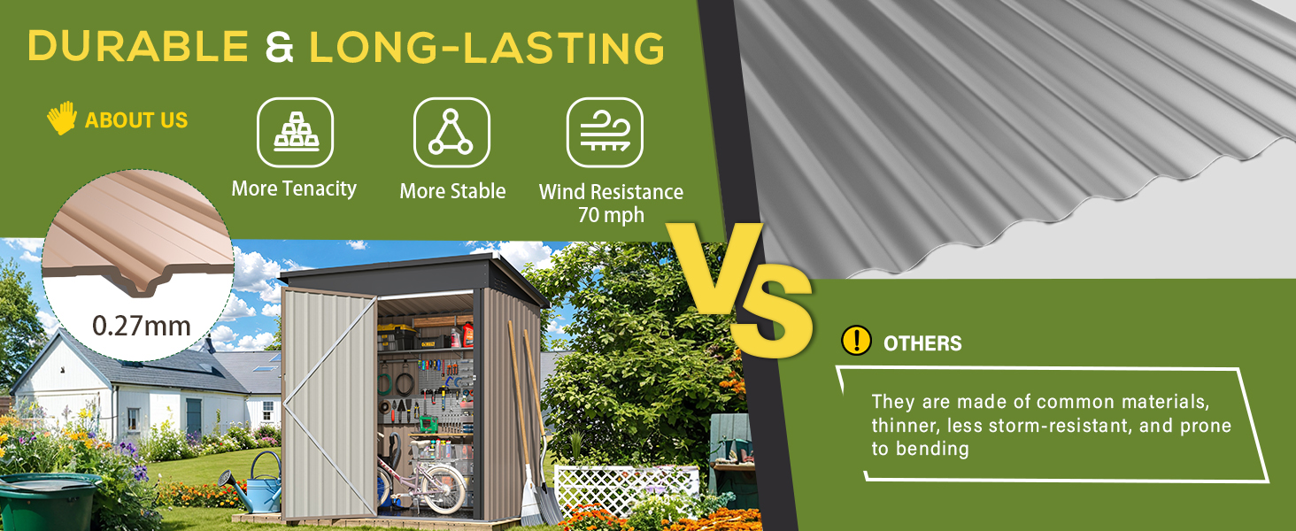 Text reads 'DURABLE &amp; LONG-LASTING'. Green banner with sustainability icons showing house, recycling, and energy efficiency symbols against outdoor residential background.